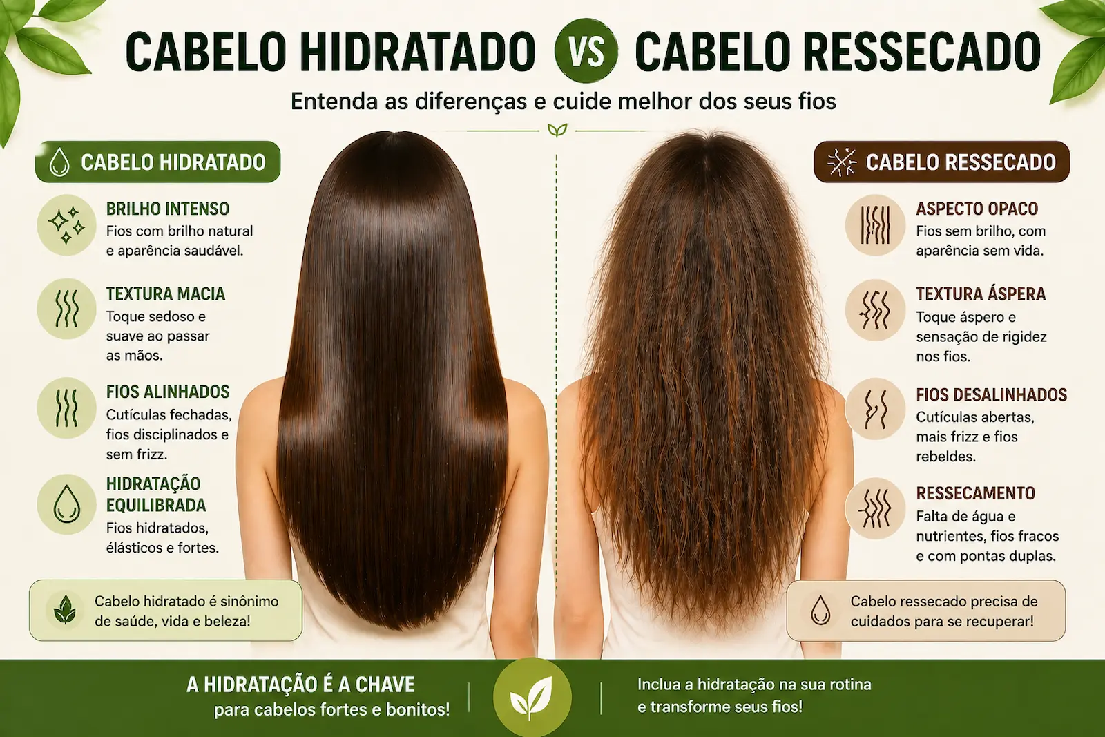 Comparação entre cabelo hidratado e cabelo ressecado mostrando textura, brilho e alinhamento dos fios