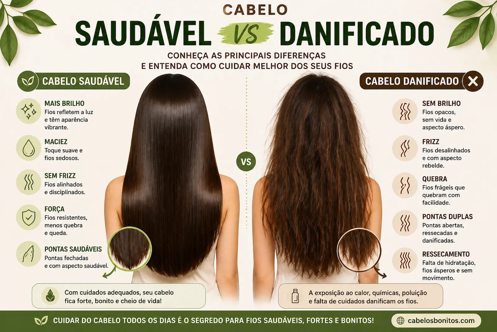 Comparação entre cabelo saudável e cabelo danificado com diferenças visuais como brilho, frizz e pontas