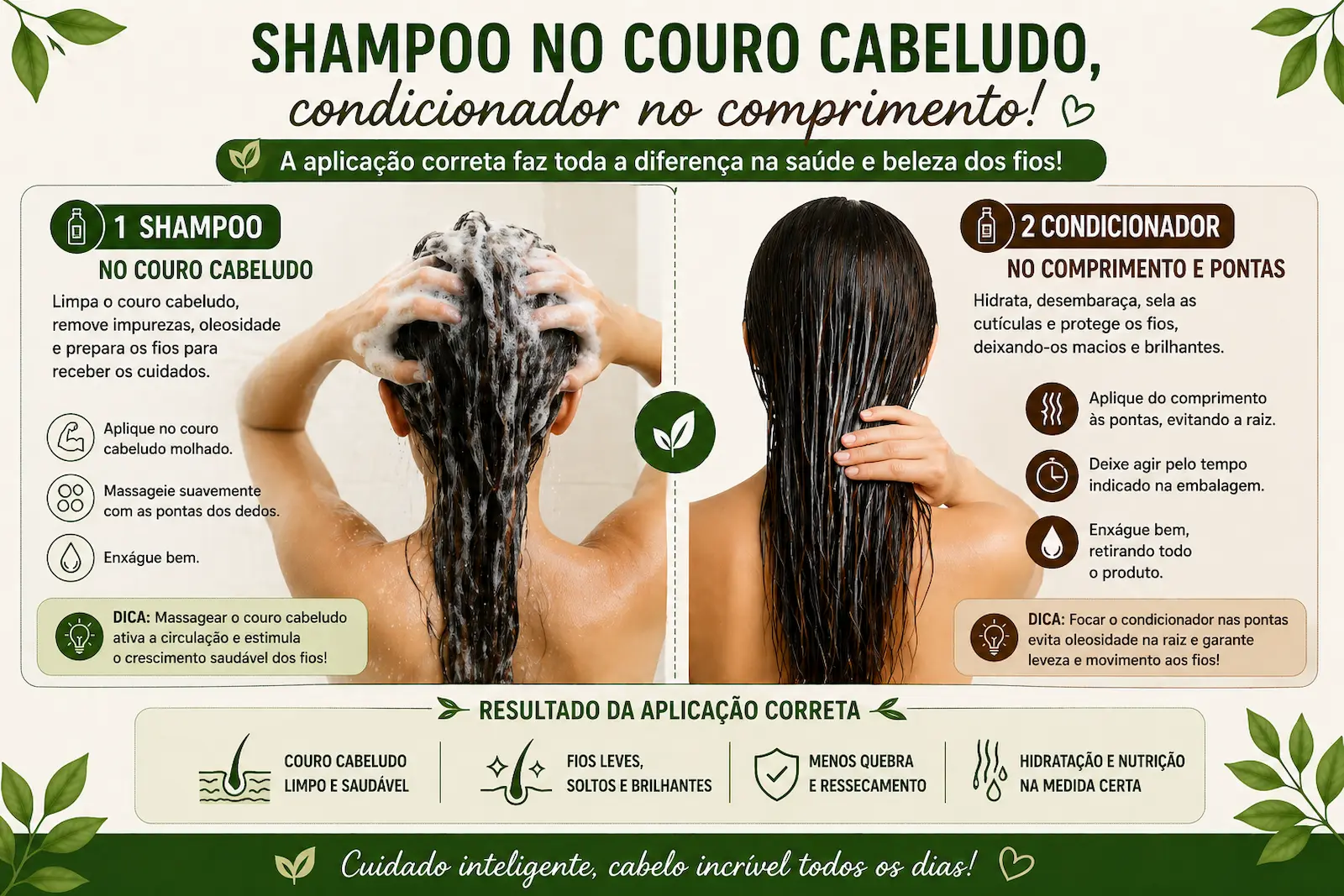 Aplicação correta de shampoo no couro cabeludo e condicionador no comprimento do cabelo