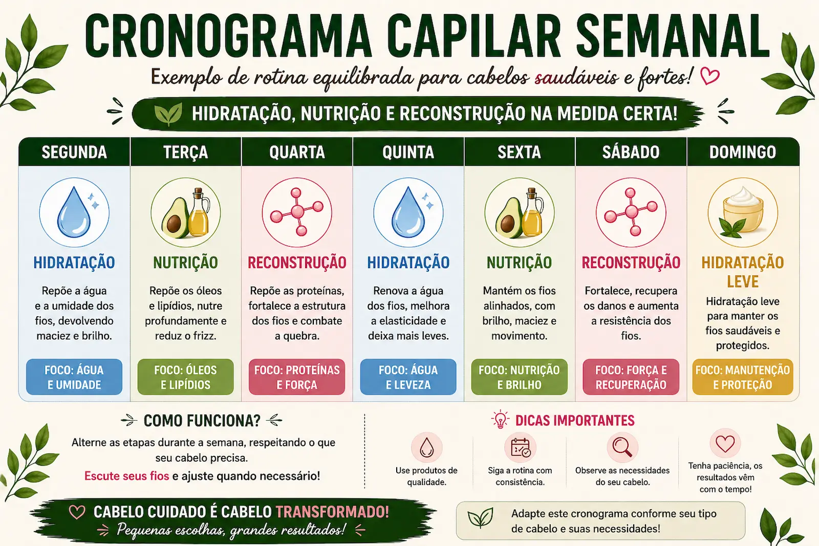 Exemplo de cronograma capilar semanal com divisão entre hidratação, nutrição e reconstrução