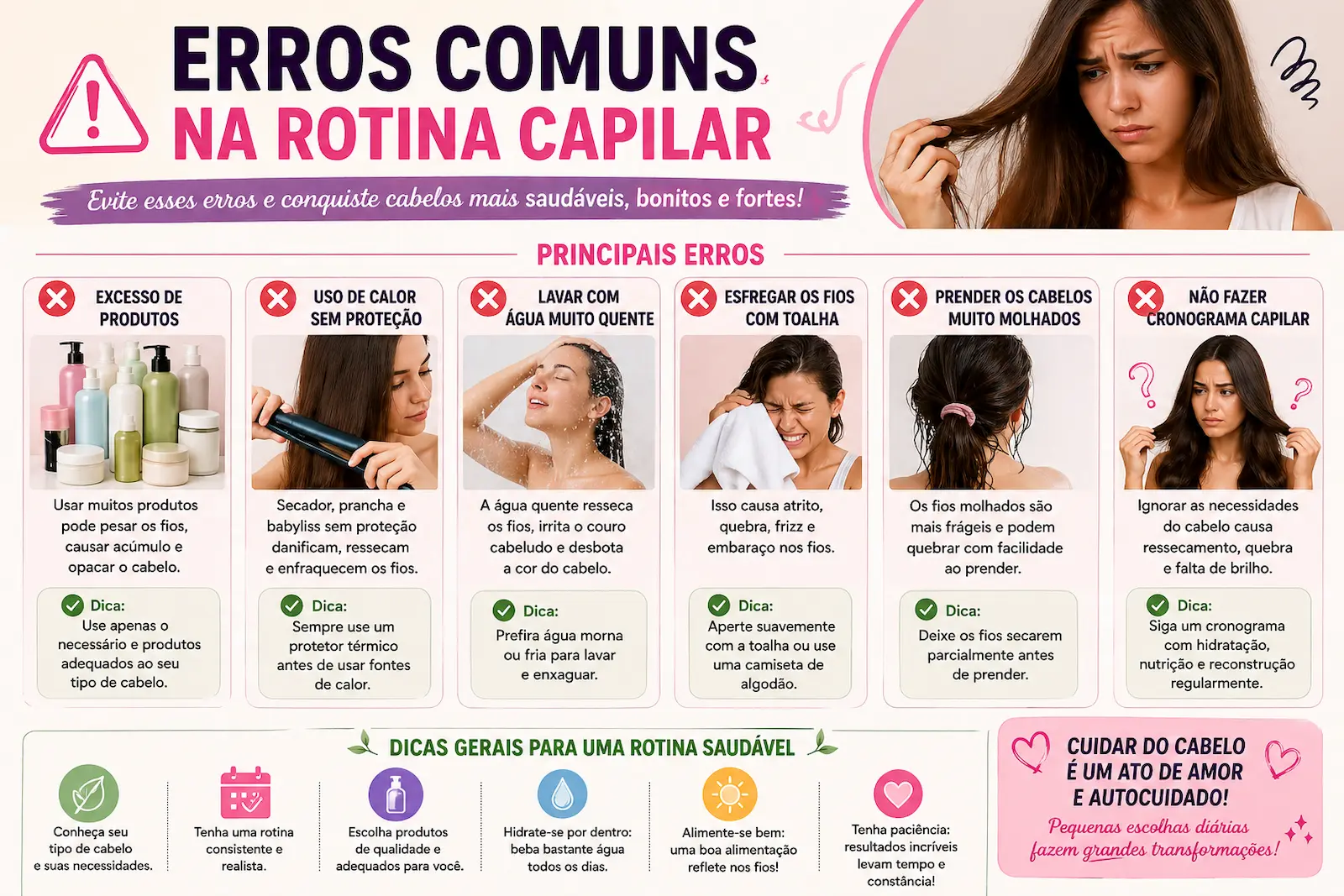Erros comuns na rotina capilar como excesso de produtos e uso de calor sem proteção