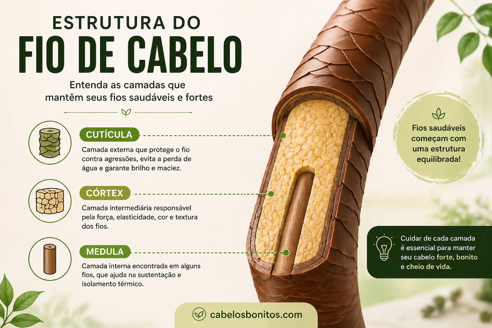 Estrutura do fio de cabelo com cutícula, córtex e medula ilustrados de forma didática