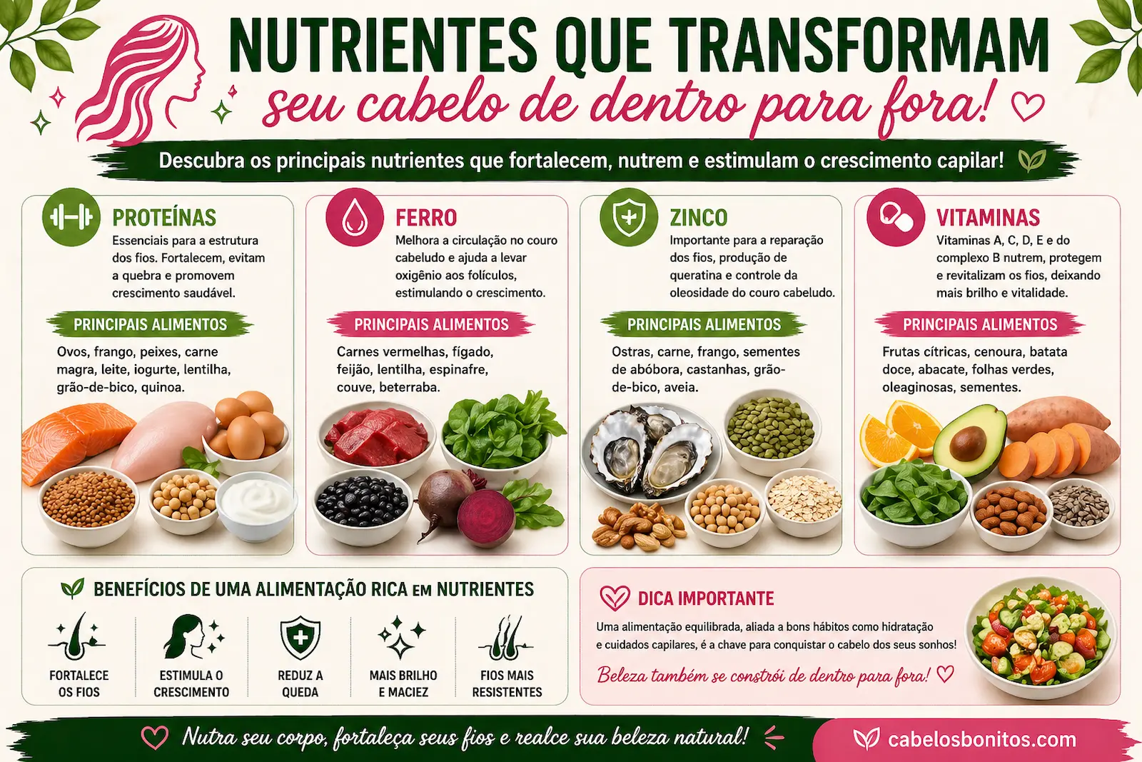 Principais nutrientes para o cabelo como proteínas, ferro, zinco e vitaminas ilustrados em alimentos naturais