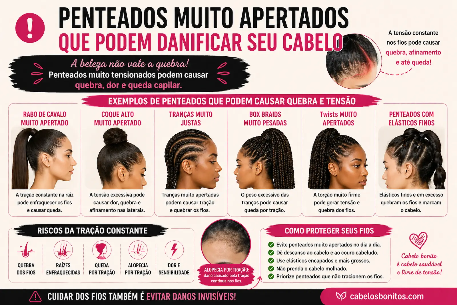 Exemplos de penteados muito apertados que podem causar quebra e tensão nos fios