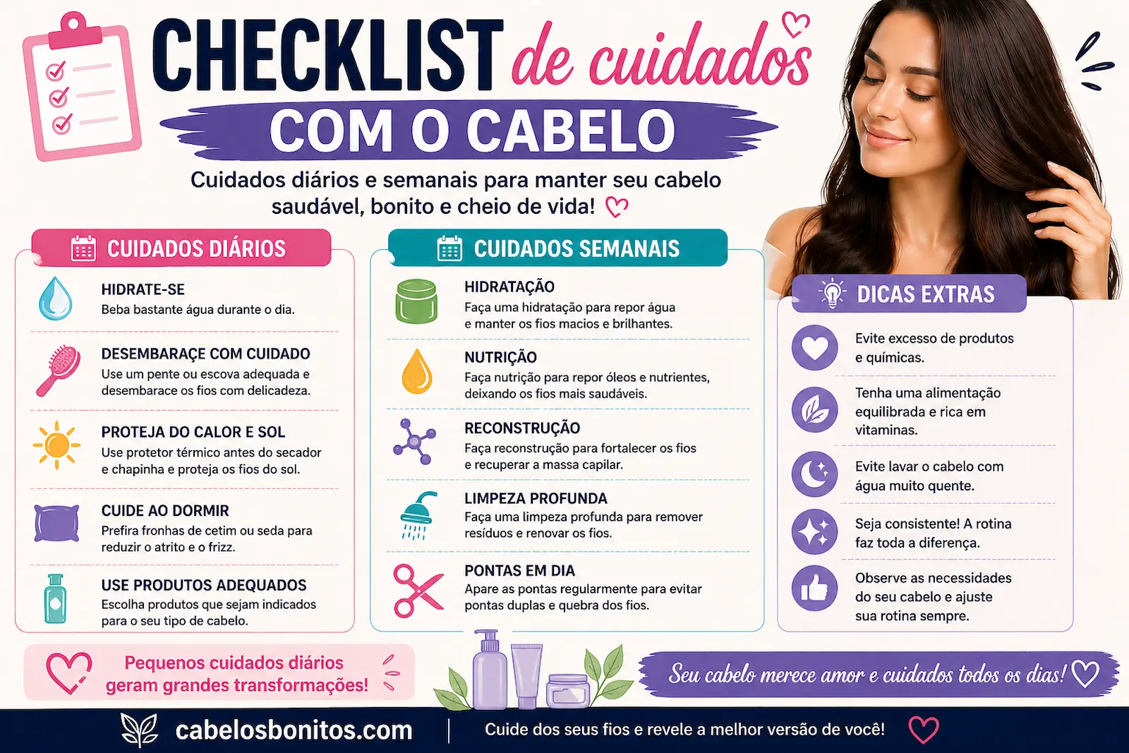 Checklist de cuidados com o cabelo com itens diários e semanais para manter a rotina capilar