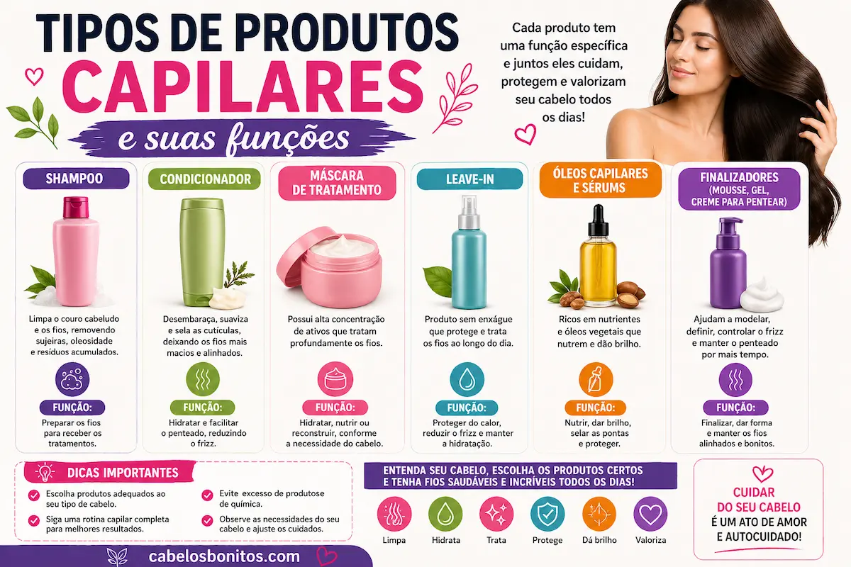 Tipos de produtos capilares como shampoo, condicionador, máscara e finalizadores e suas funções