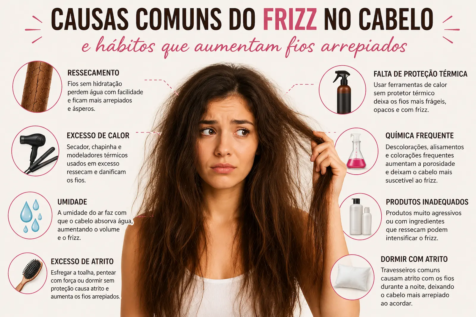 Causas comuns do frizz no cabelo e hábitos que aumentam fios arrepiados