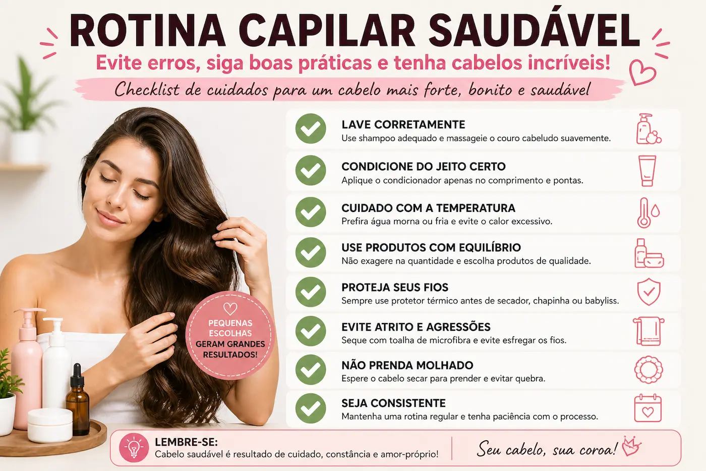 Checklist de rotina capilar saudável com cuidados para evitar erros como calor excessivo atrito e uso incorreto de produtos