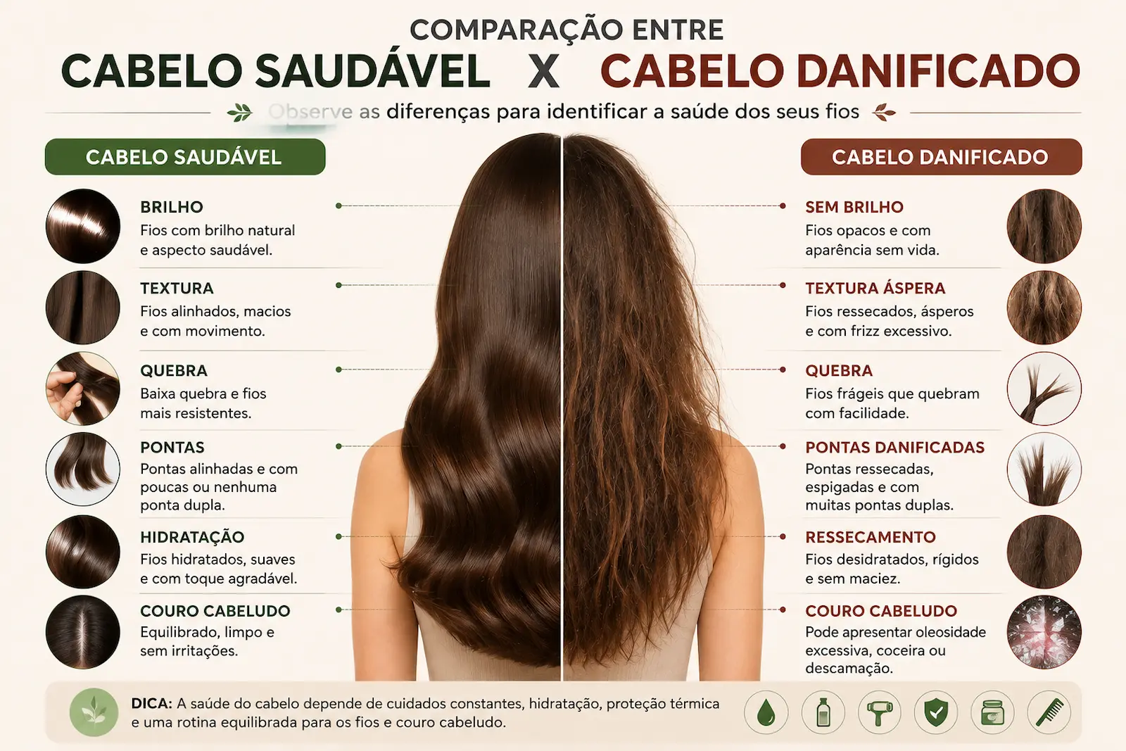 Comparação entre cabelo saudável e cabelo danificado