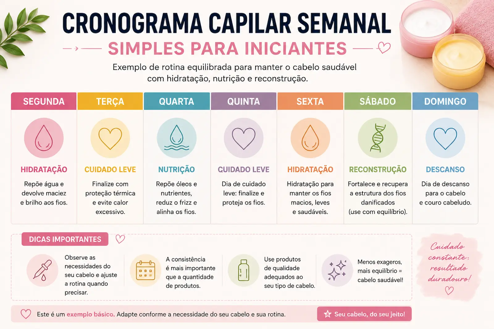 Exemplo simples de cronograma capilar semanal para iniciantes