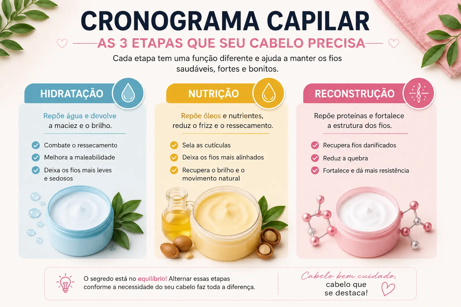 Etapas do cronograma capilar hidratação nutrição e reconstrução