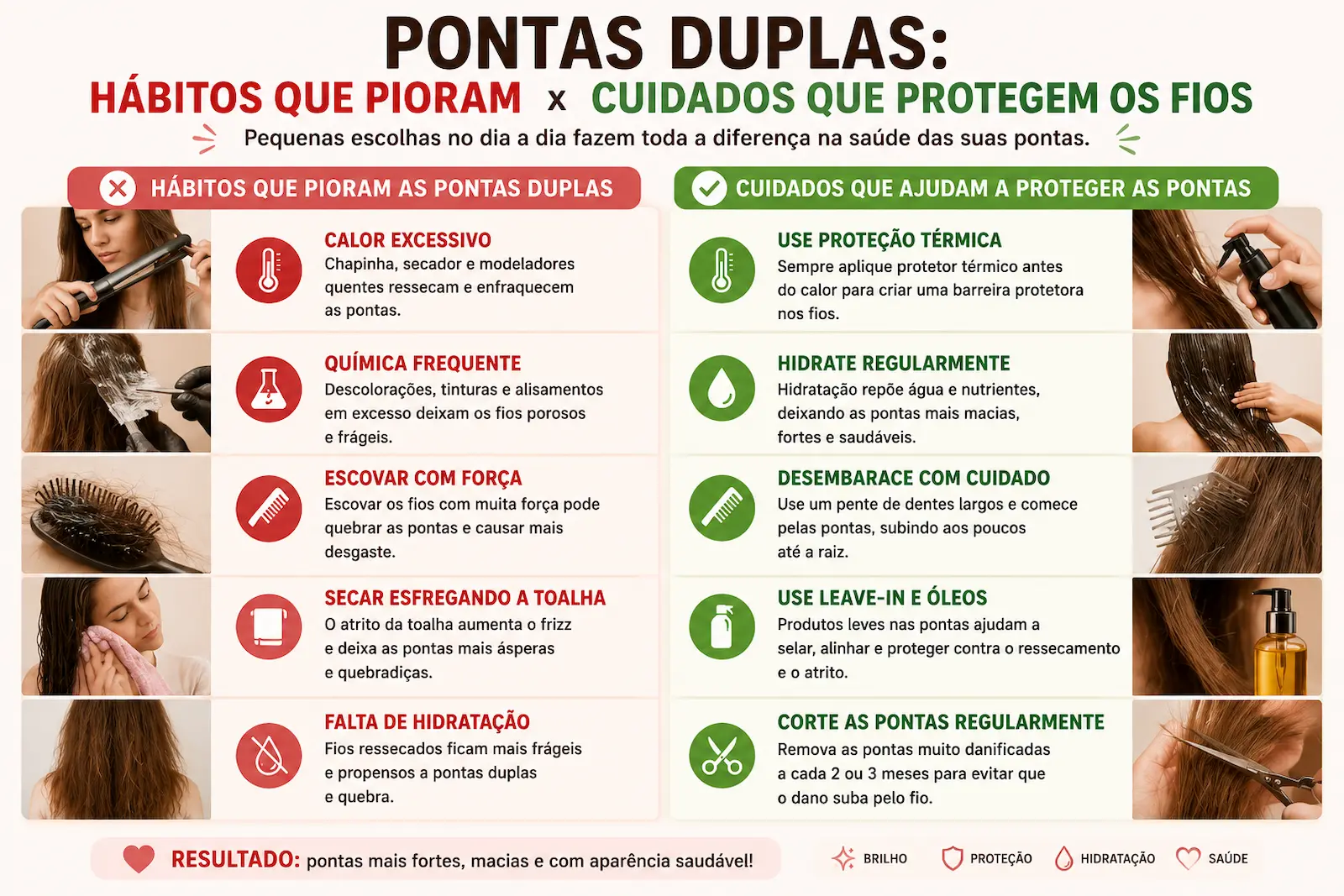 Hábitos que pioram as pontas duplas e cuidados que ajudam a proteger os fios