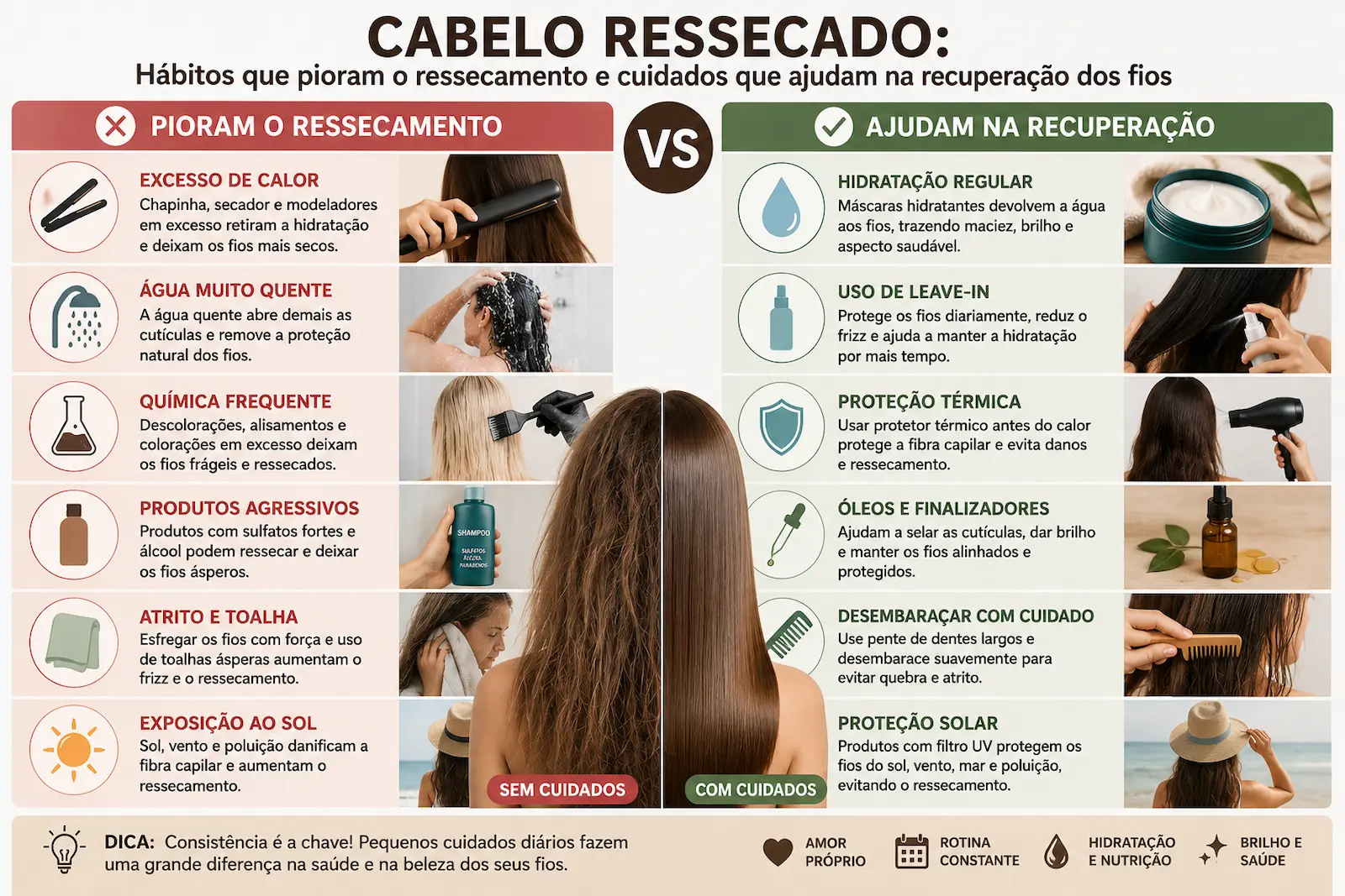 Hábitos que pioram o ressecamento e cuidados que ajudam na recuperação dos fios