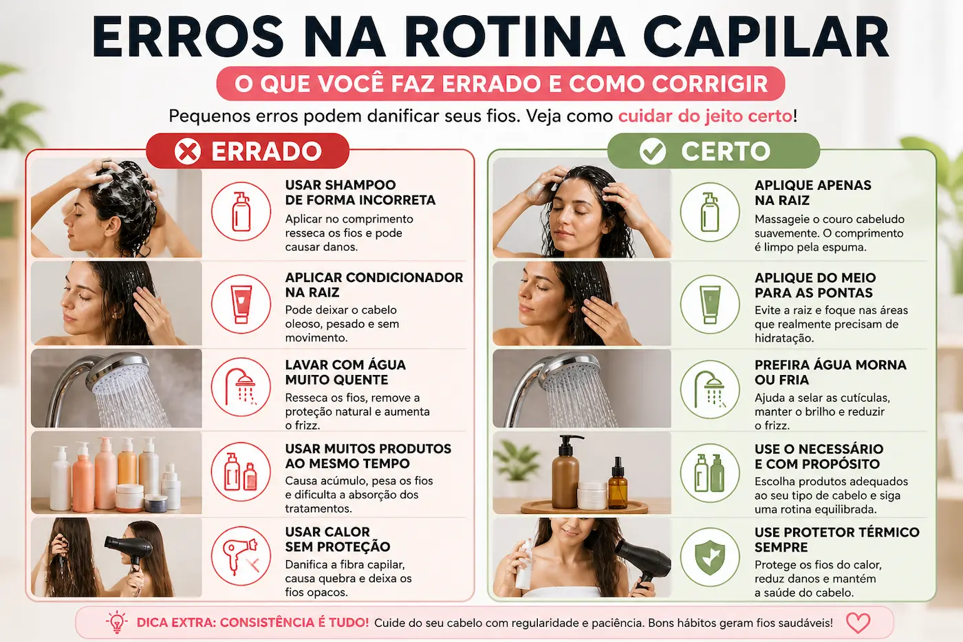 Comparação entre erros na rotina capilar e forma correta de cuidar do cabelo com shampoo condicionador e uso de produtos