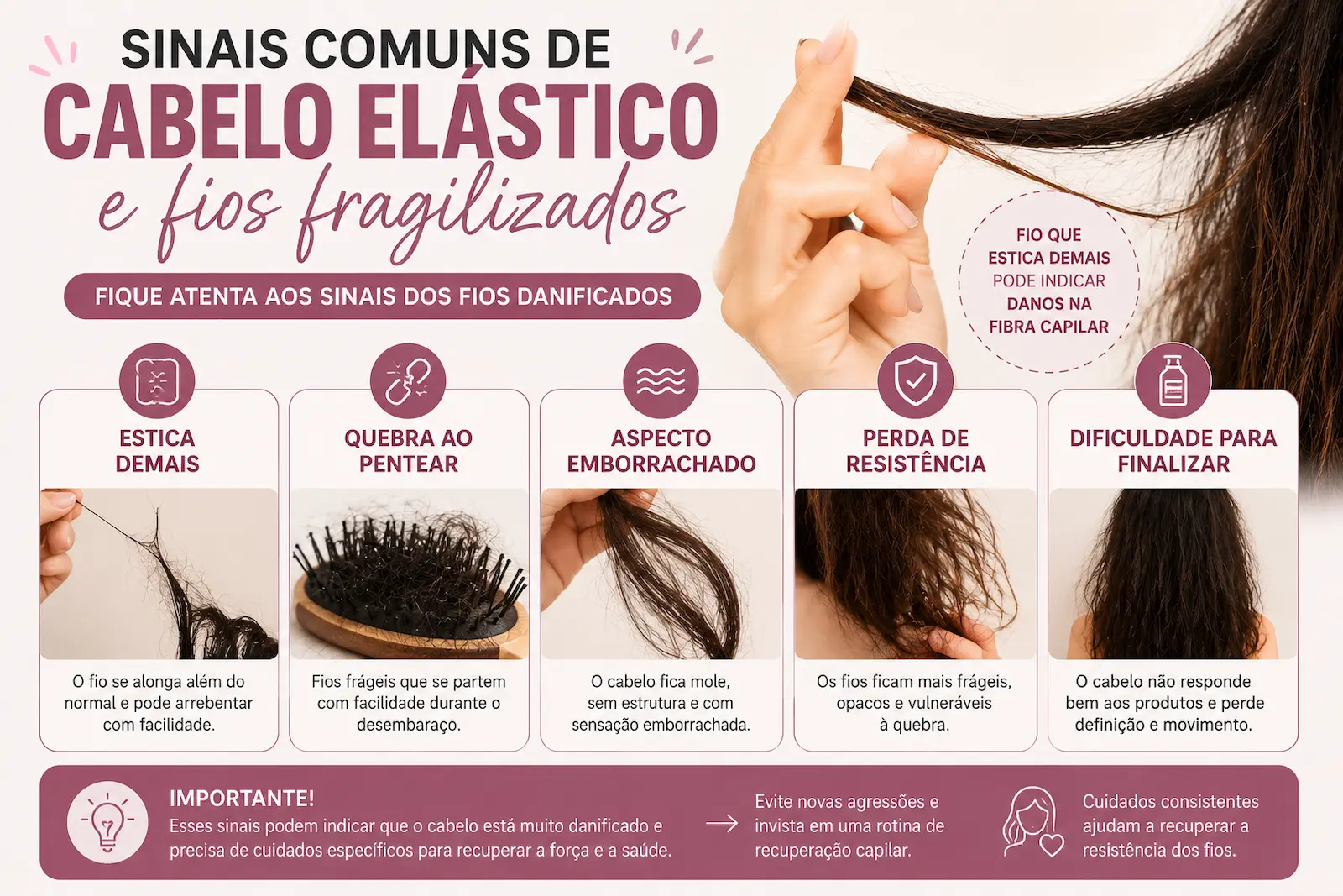 Sinais comuns de cabelo elástico e fios fragilizados