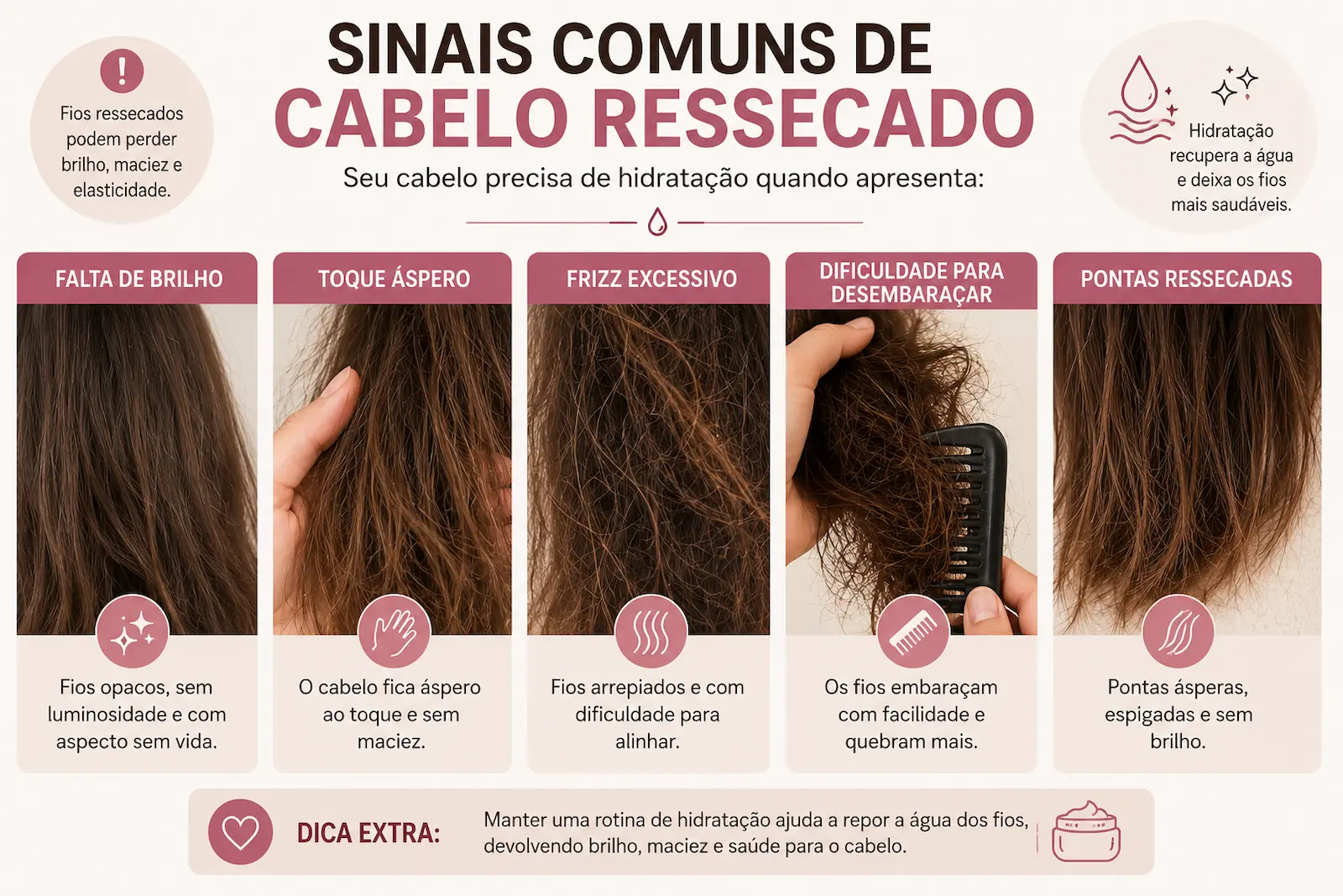 Sinais comuns de cabelo ressecado e fios que precisam de hidratação