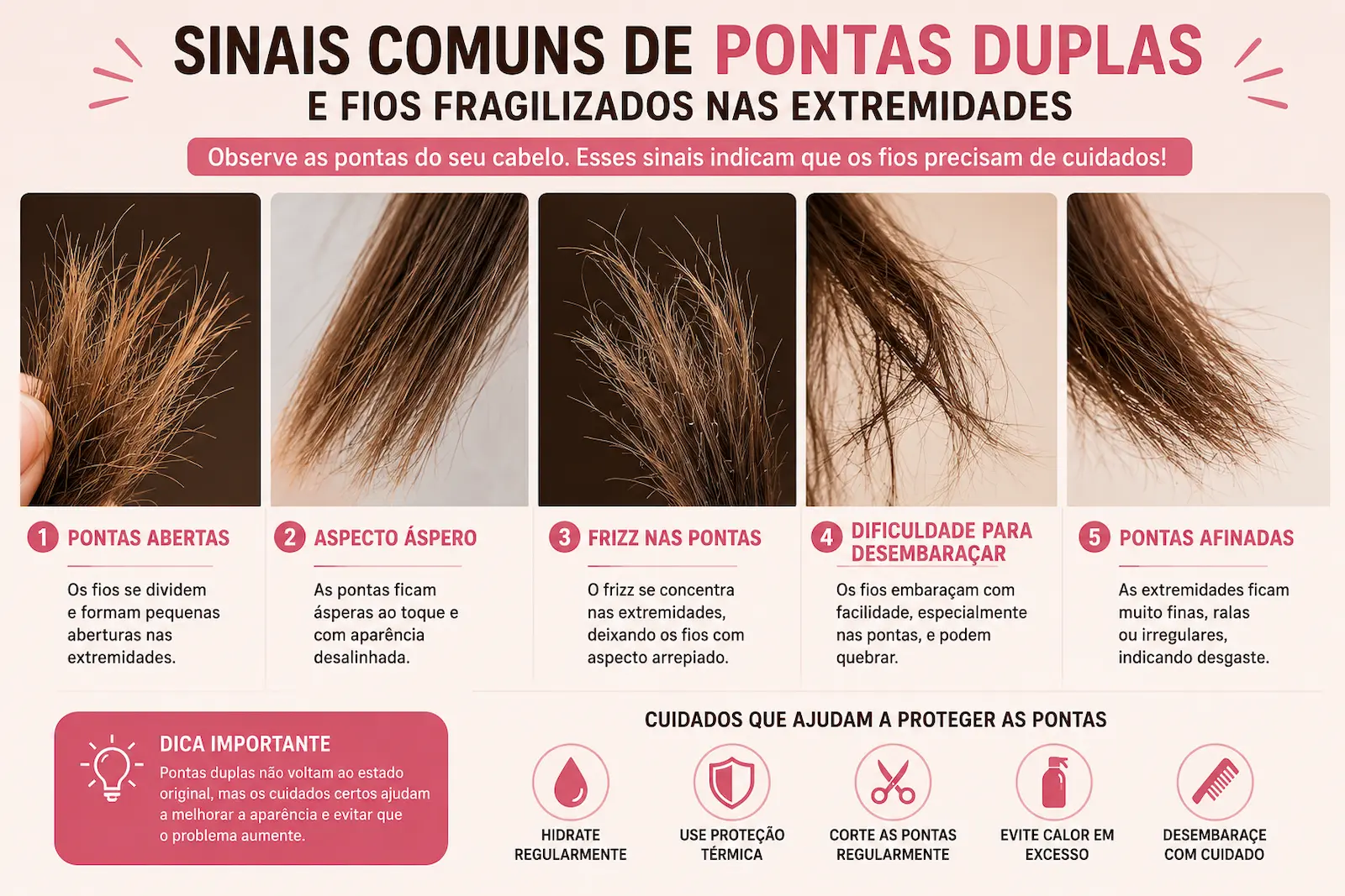 Sinais comuns de pontas duplas e fios fragilizados nas extremidades