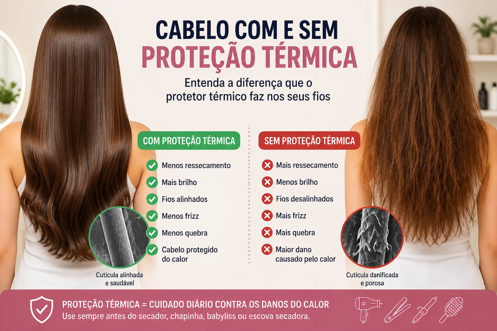 Cabelo com e sem proteção térmica