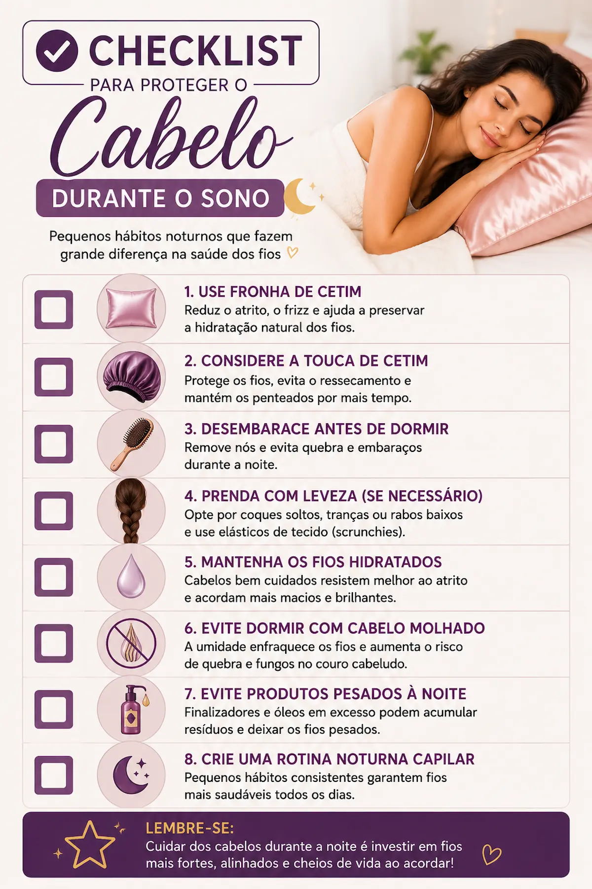 Checklist para proteger o cabelo durante o sono