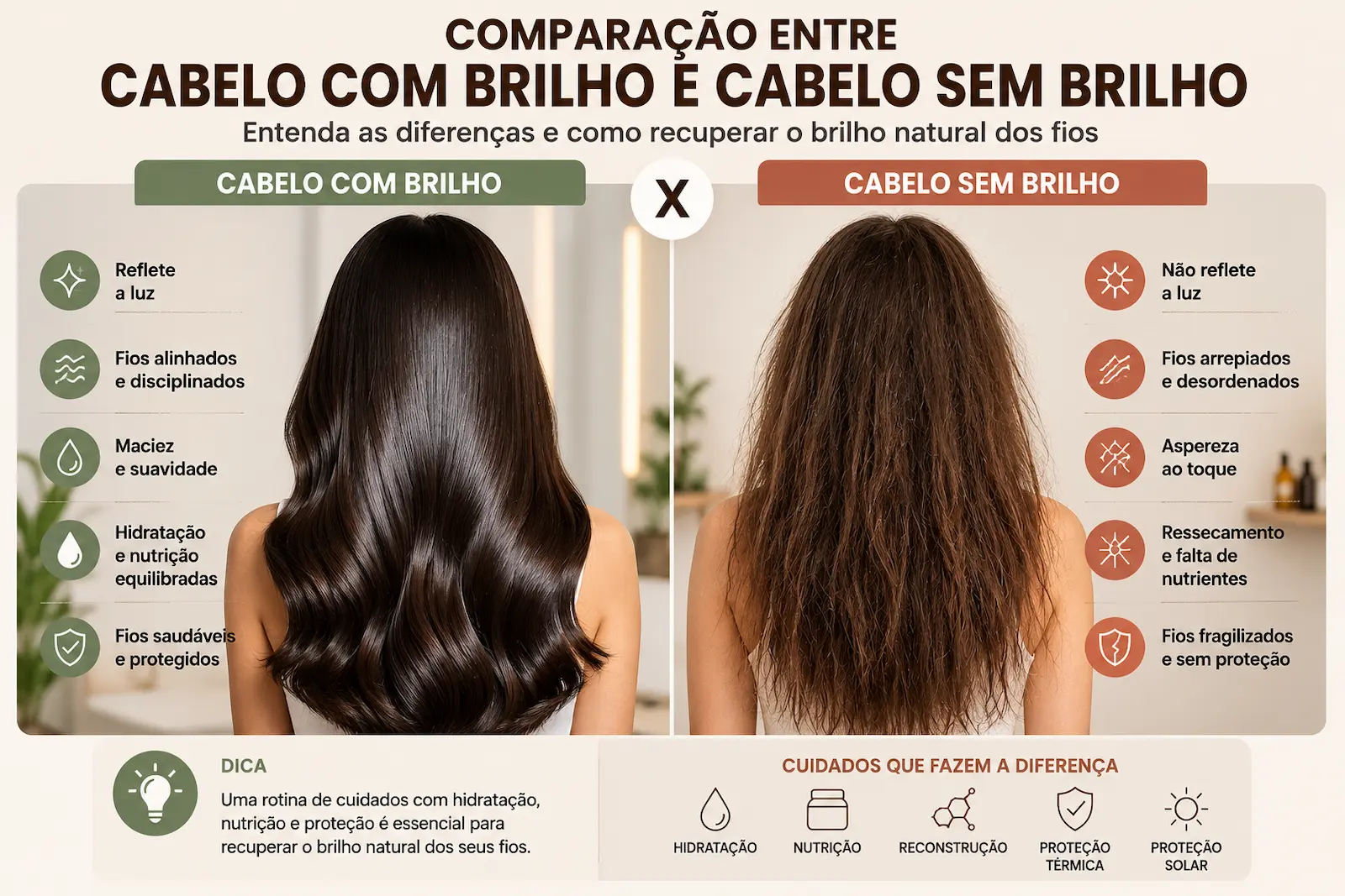 Comparação entre cabelo com brilho e cabelo sem brilho