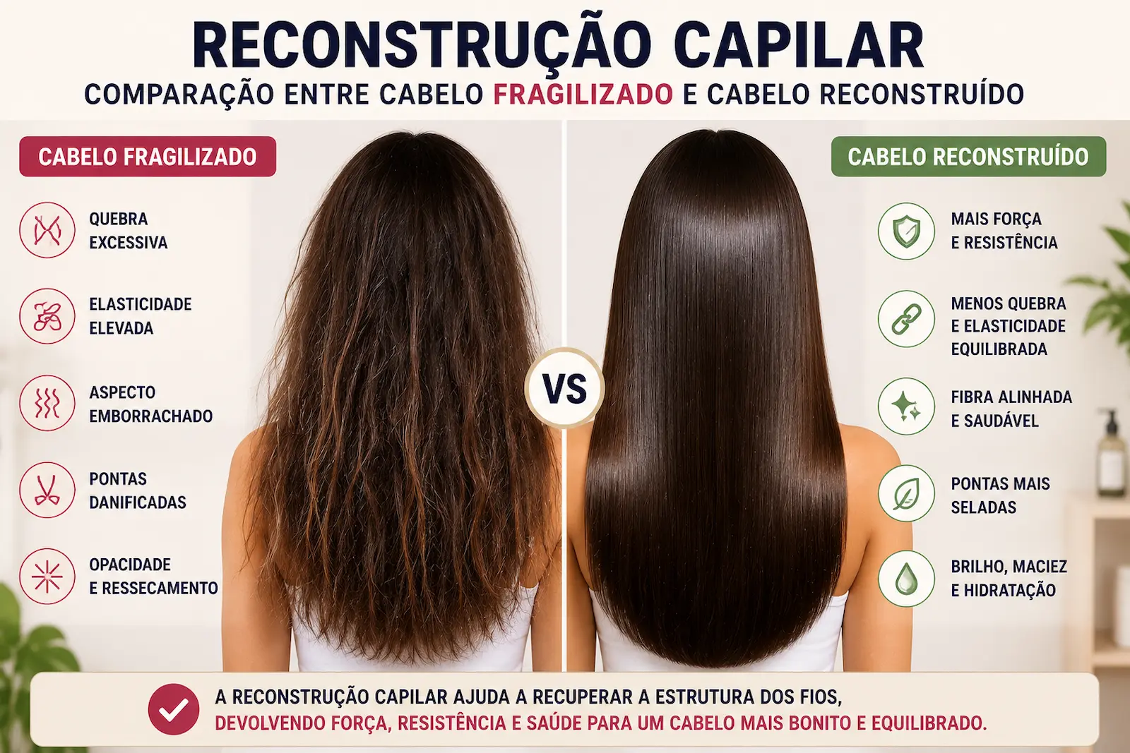 Comparação entre cabelo fragilizado e cabelo reconstruído