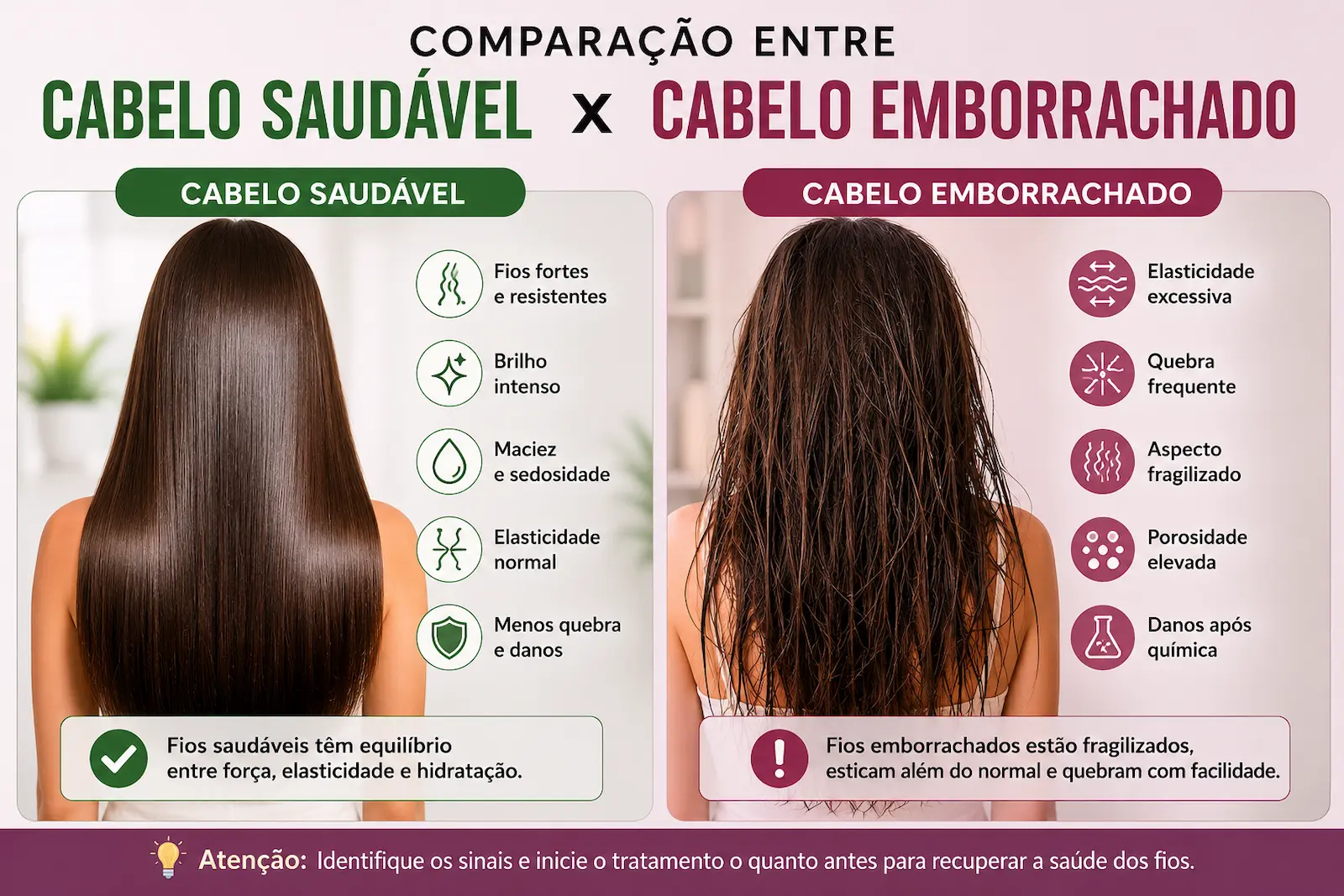 Comparação entre cabelo saudável e cabelo emborrachado