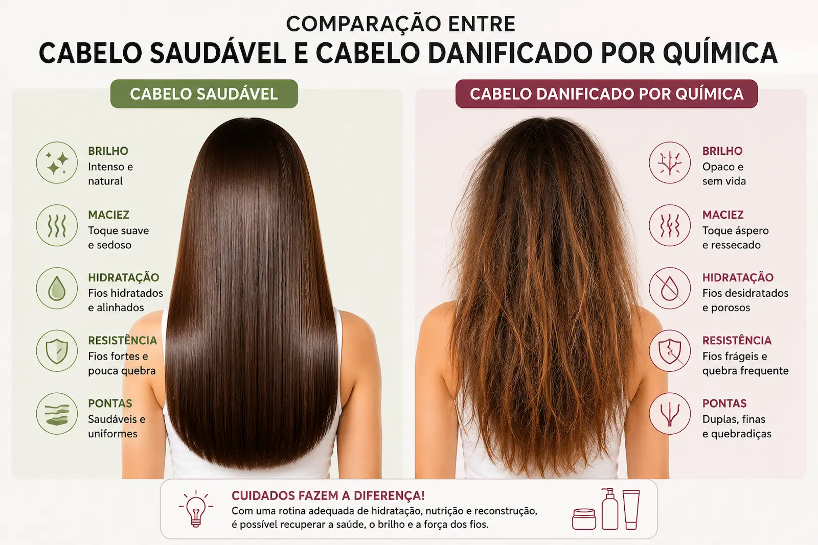 Comparação entre cabelo saudável e cabelo danificado por química