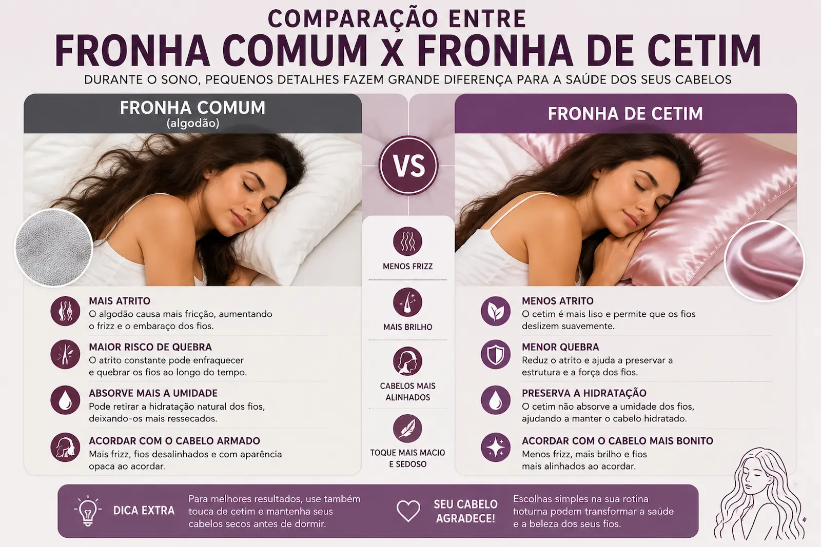 Comparação entre fronha comum e fronha de cetim