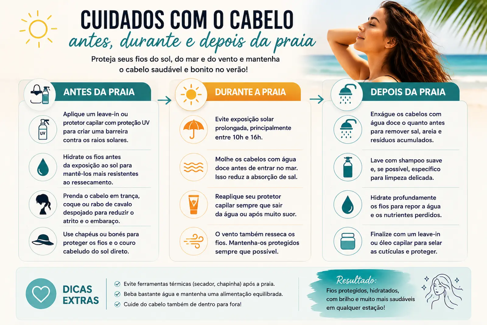 Cuidados com o cabelo antes durante e depois da praia