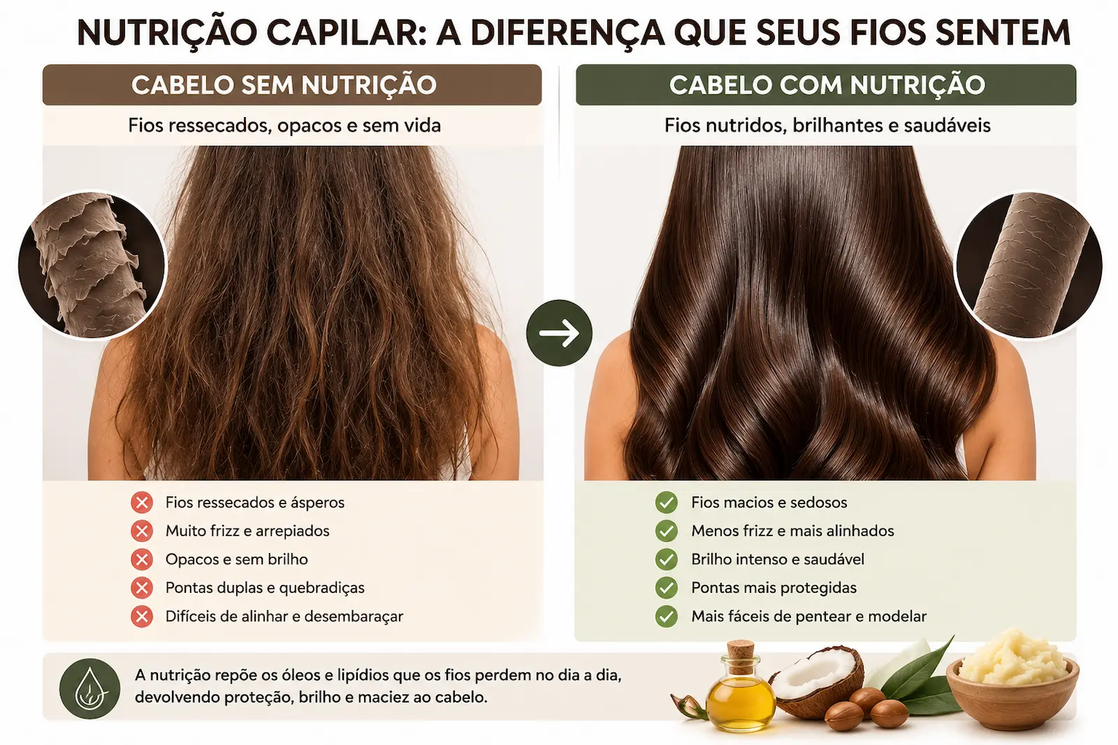 Diferença entre cabelo nutrido e cabelo sem nutrição capilar