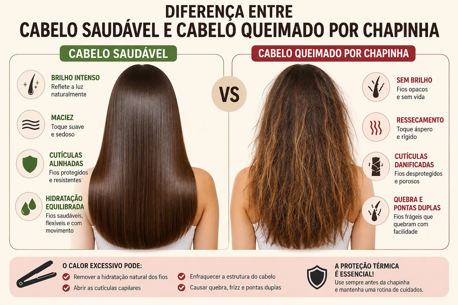 Diferença entre cabelo saudável e cabelo queimado por chapinha