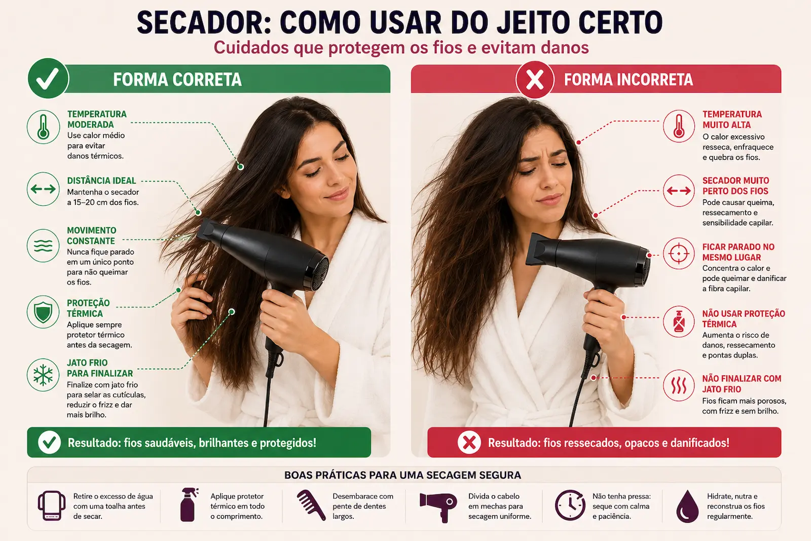 Forma correta e forma incorreta de usar o secador