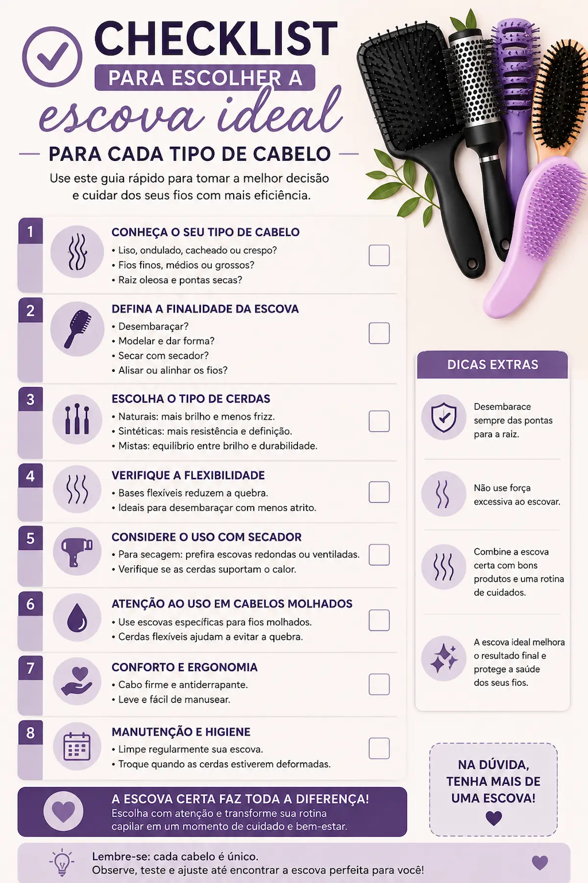Checklist para escolher a escova ideal para cada tipo de cabelo.