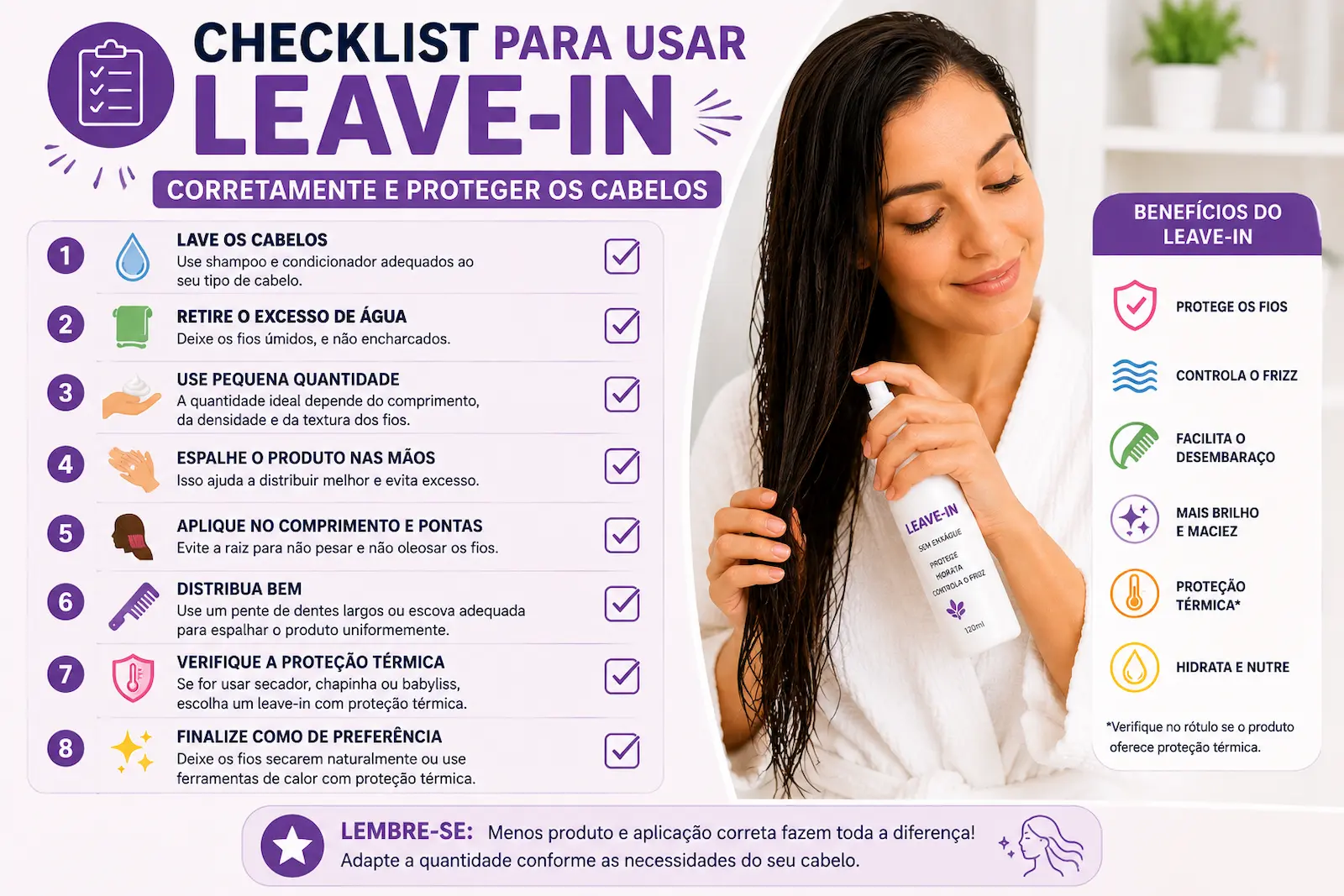 Checklist para usar leave-in corretamente e proteger os cabelos.