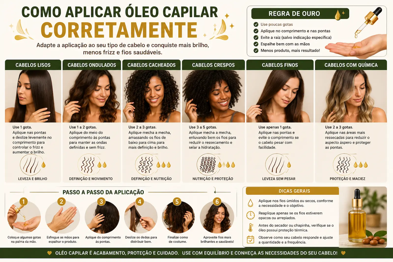 Como aplicar óleo capilar corretamente em cabelos lisos, ondulados, cacheados, crespos, finos e quimicamente tratados.