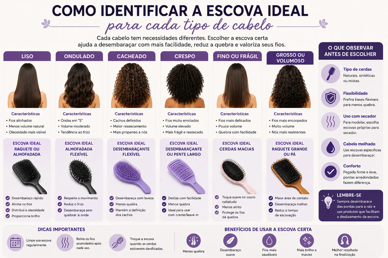 Como identificar a escova ideal para cada tipo de cabelo.