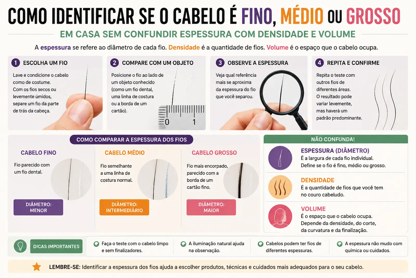 Como identificar se o cabelo é fino, médio ou grosso em casa sem confundir espessura com densidade e volume.