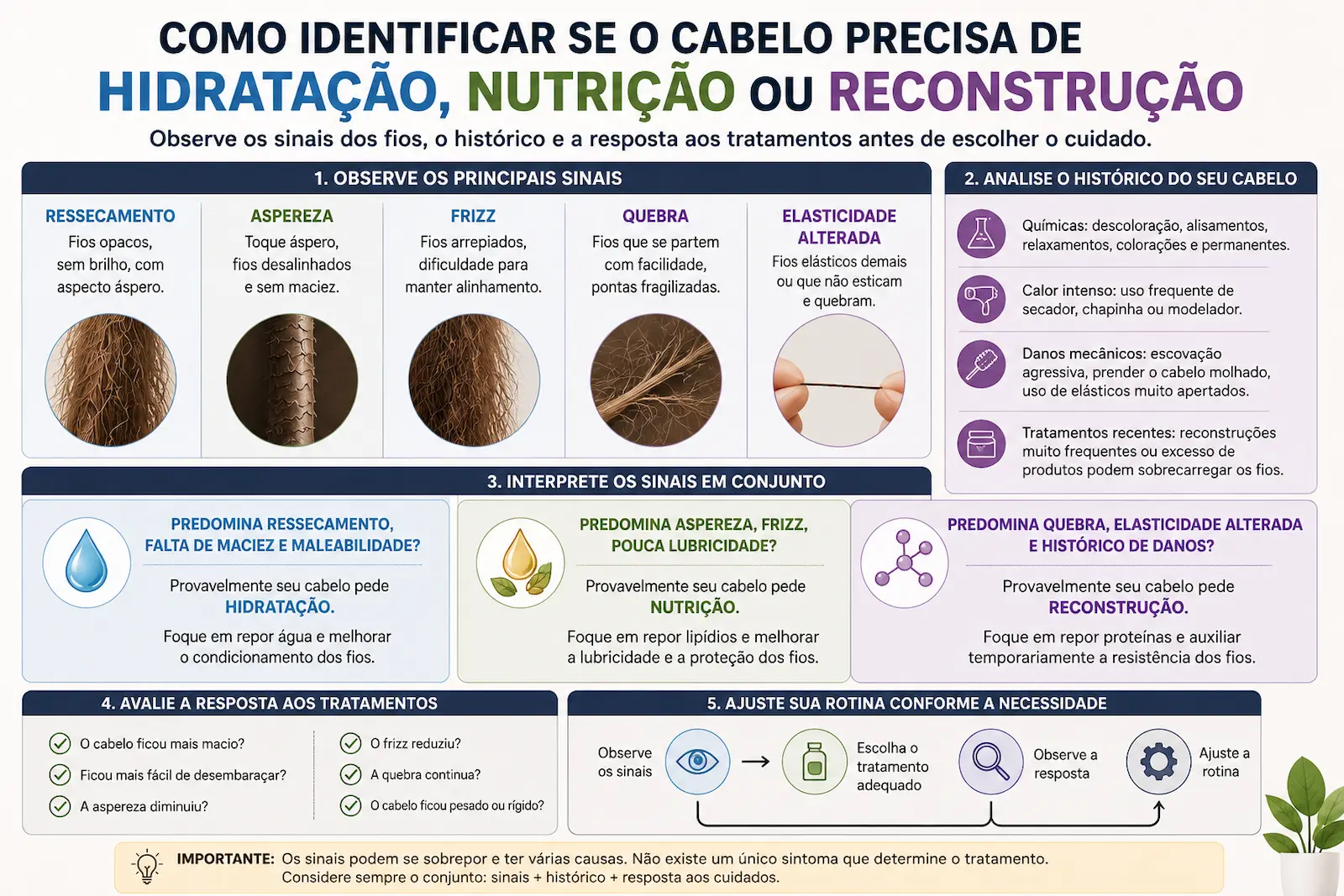 Como identificar se o cabelo precisa de hidratação, nutrição ou reconstrução observando ressecamento, aspereza, quebra, elasticidade e histórico químico.