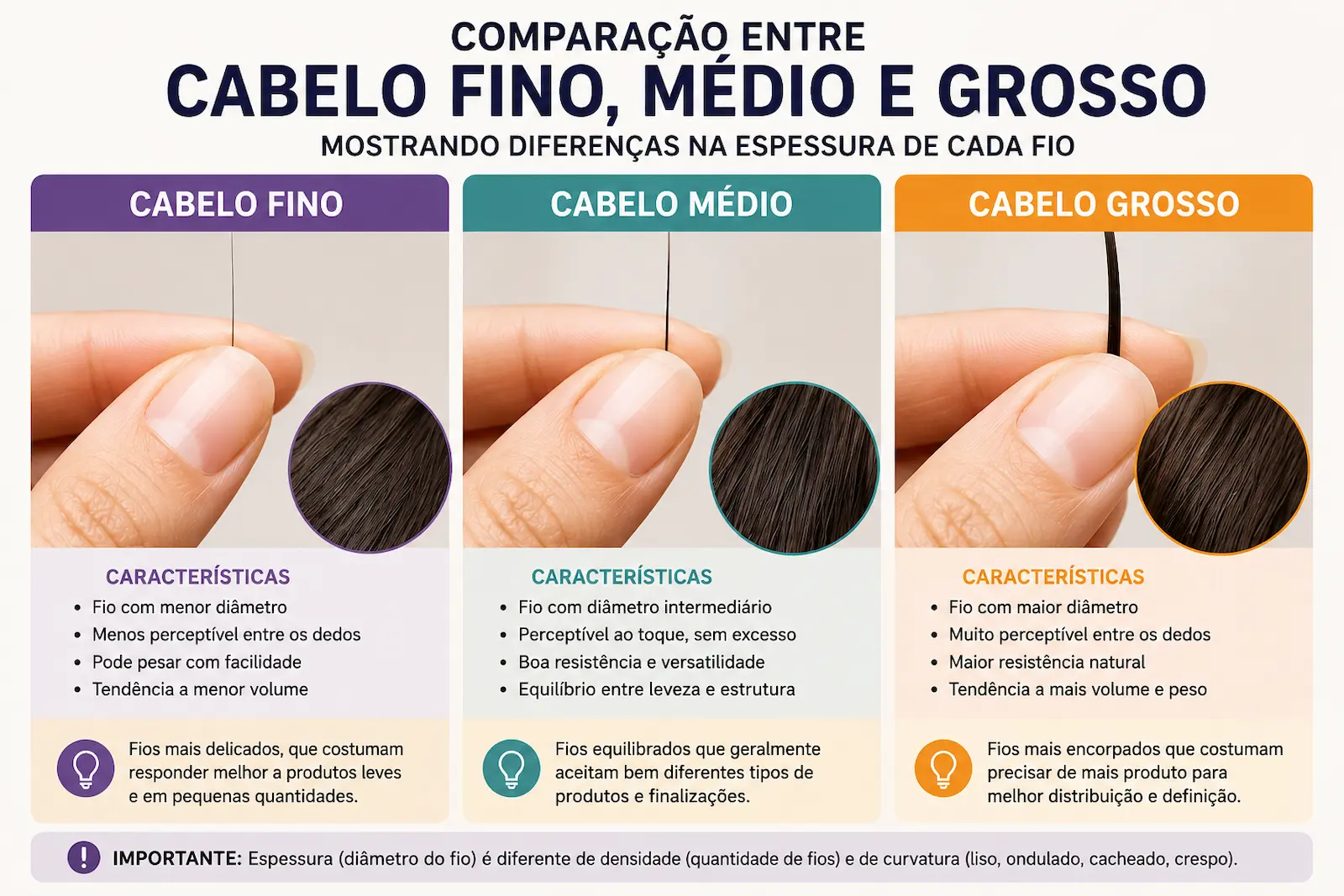 Comparação entre cabelo fino, médio e grosso, mostrando diferenças na espessura de cada fio.