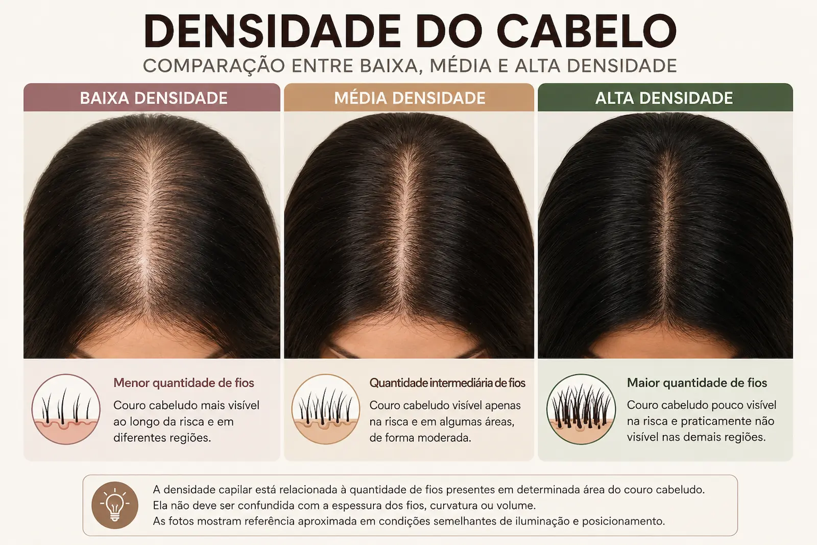 Comparação entre cabelo de baixa, média e alta densidade mostrando quantidade de fios e visibilidade do couro cabeludo.