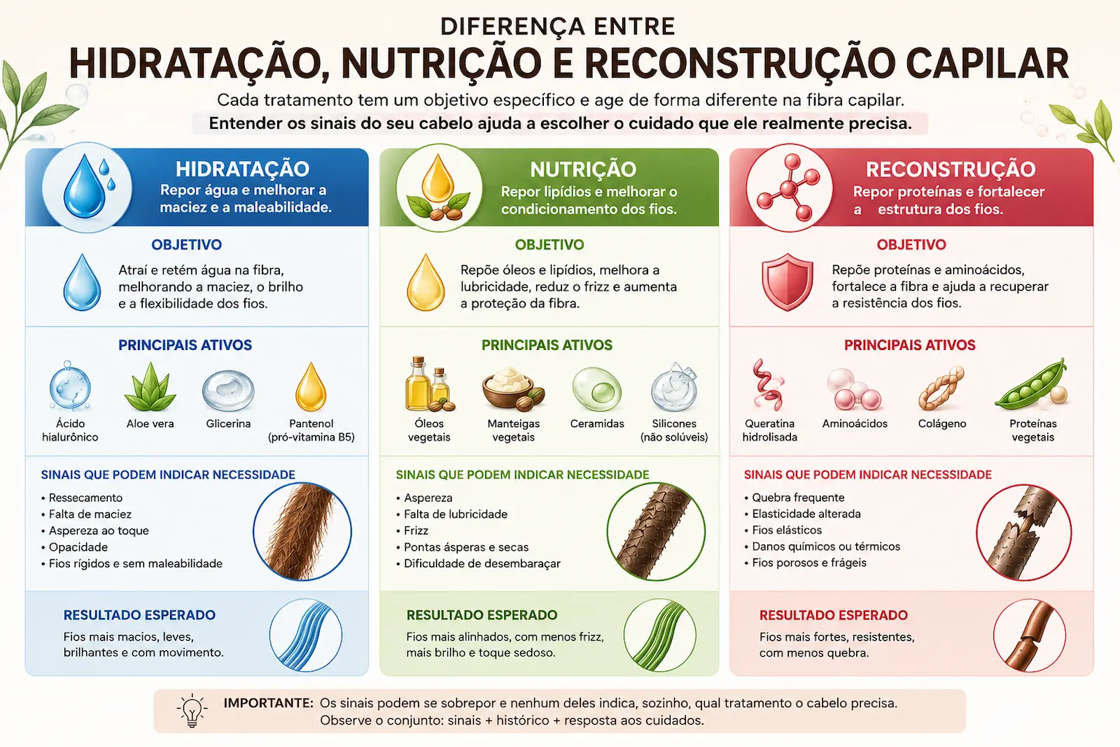 Diferença entre hidratação, nutrição e reconstrução capilar mostrando objetivos e sinais dos fios.