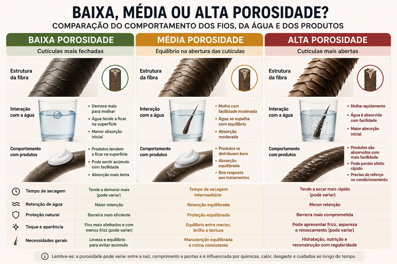 Comparação entre cabelo de baixa, média e alta porosidade mostrando diferenças na interação da fibra com água e produtos.