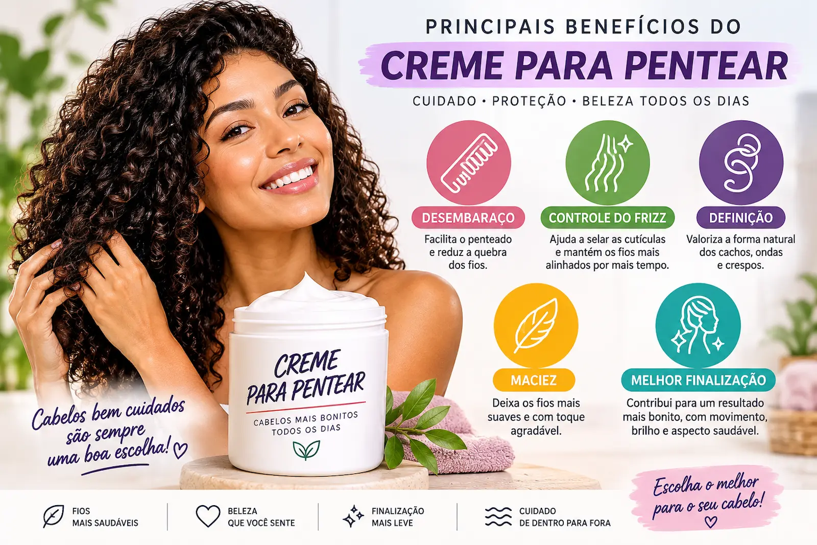 Principais benefícios do creme para pentear, incluindo desembaraço, controle do frizz, definição, maciez e melhor finalização dos cabelos.
