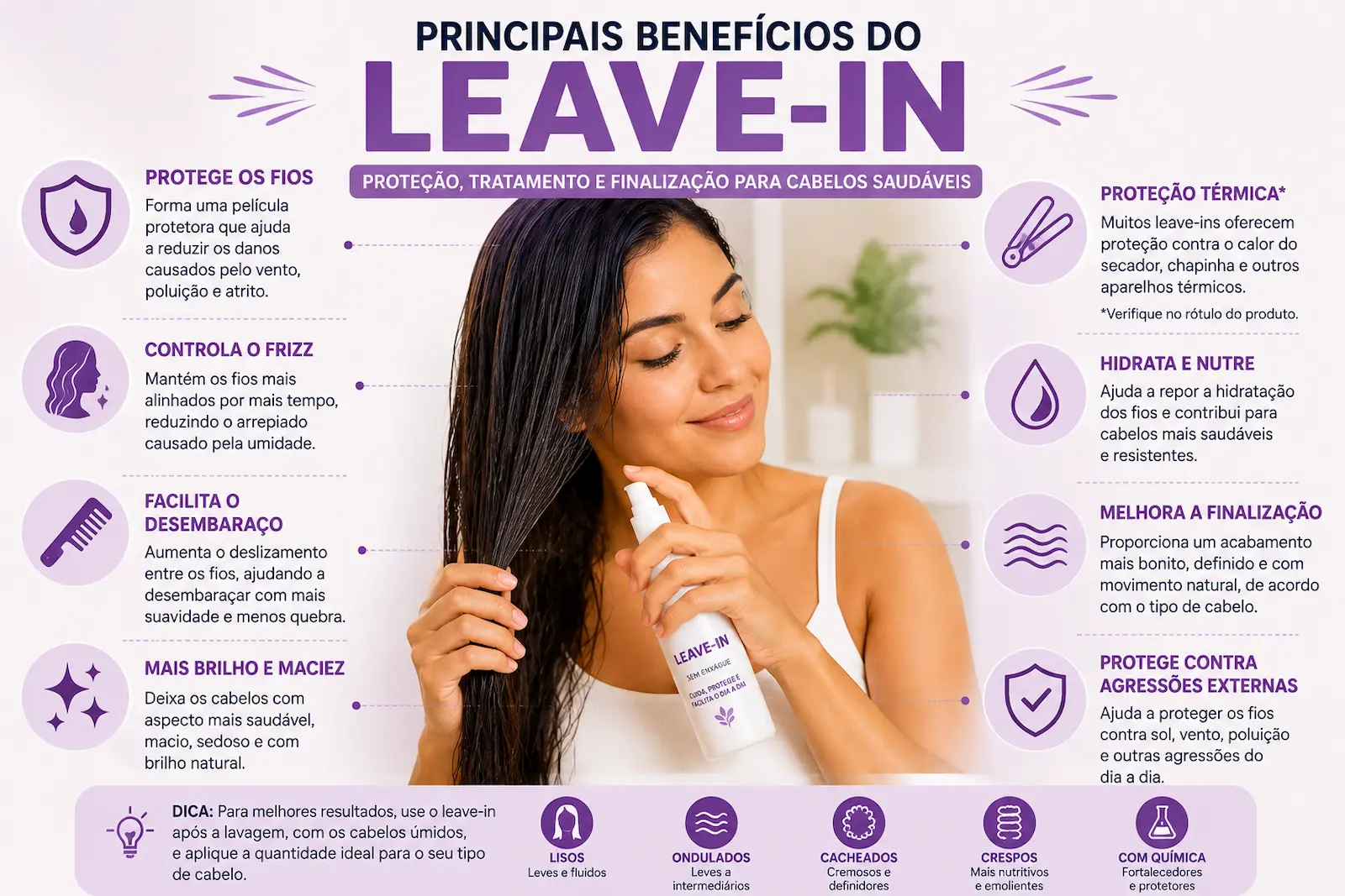 Principais benefícios do leave-in para proteger os cabelos, controlar o frizz, facilitar o desembaraço e melhorar a finalização.