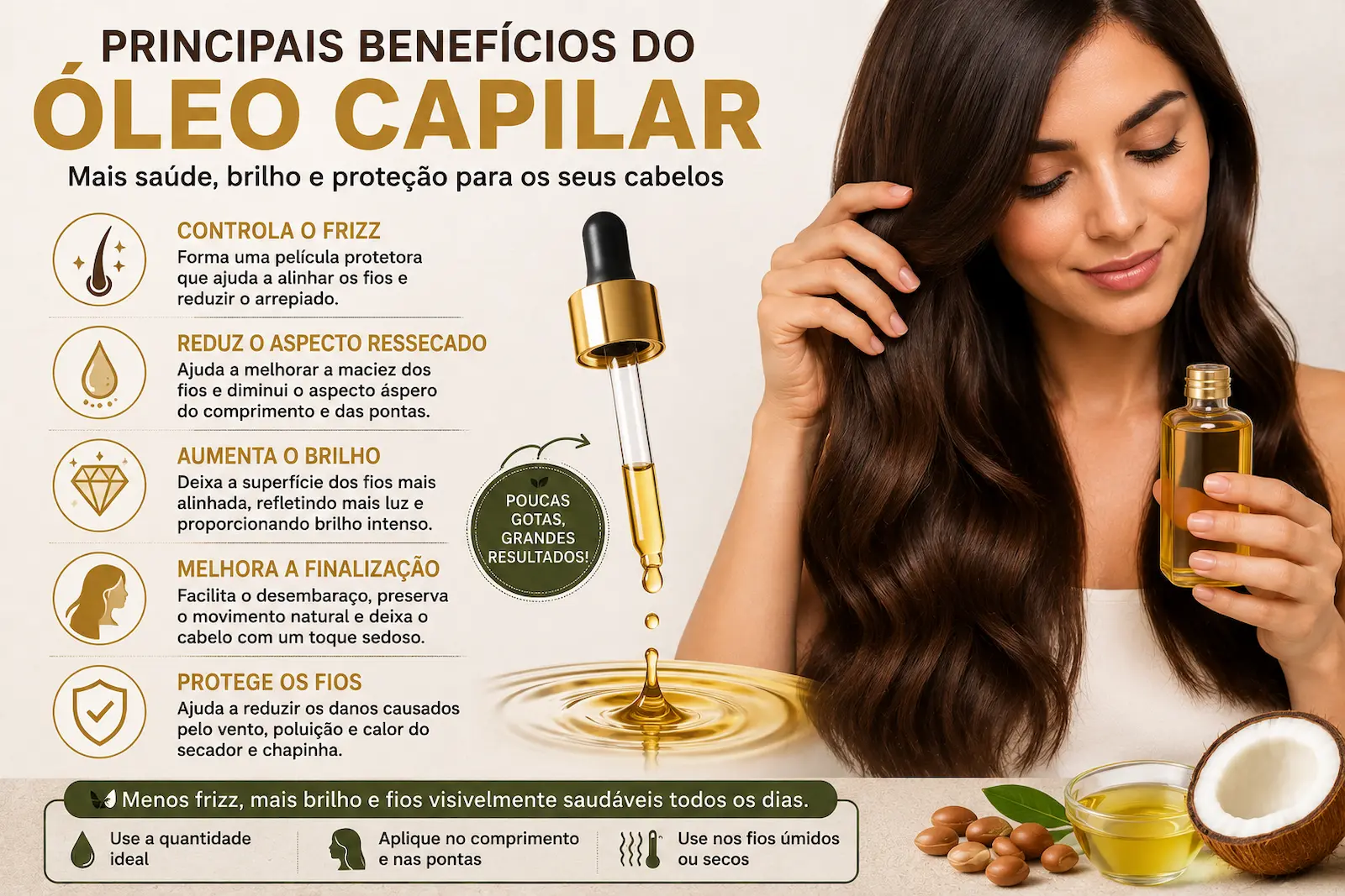 Principais benefícios do óleo capilar para controlar o frizz, reduzir o aspecto ressecado, aumentar o brilho e melhorar a finalização dos cabelos.