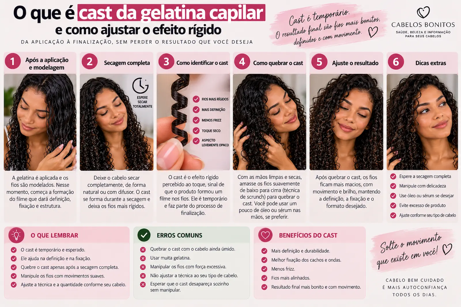 O que é cast da gelatina capilar e como ajustar o efeito rígido depois da aplicação, modelagem, secagem completa e manipulação suave