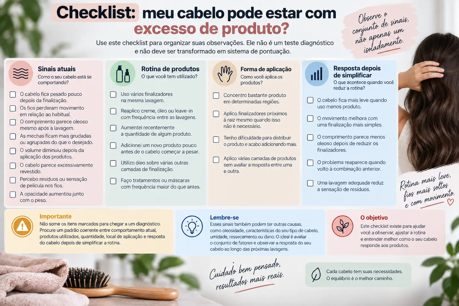 Checklist para identificar possível excesso de produto no cabelo considerando sinais, rotina, aplicação e resposta aos cuidados