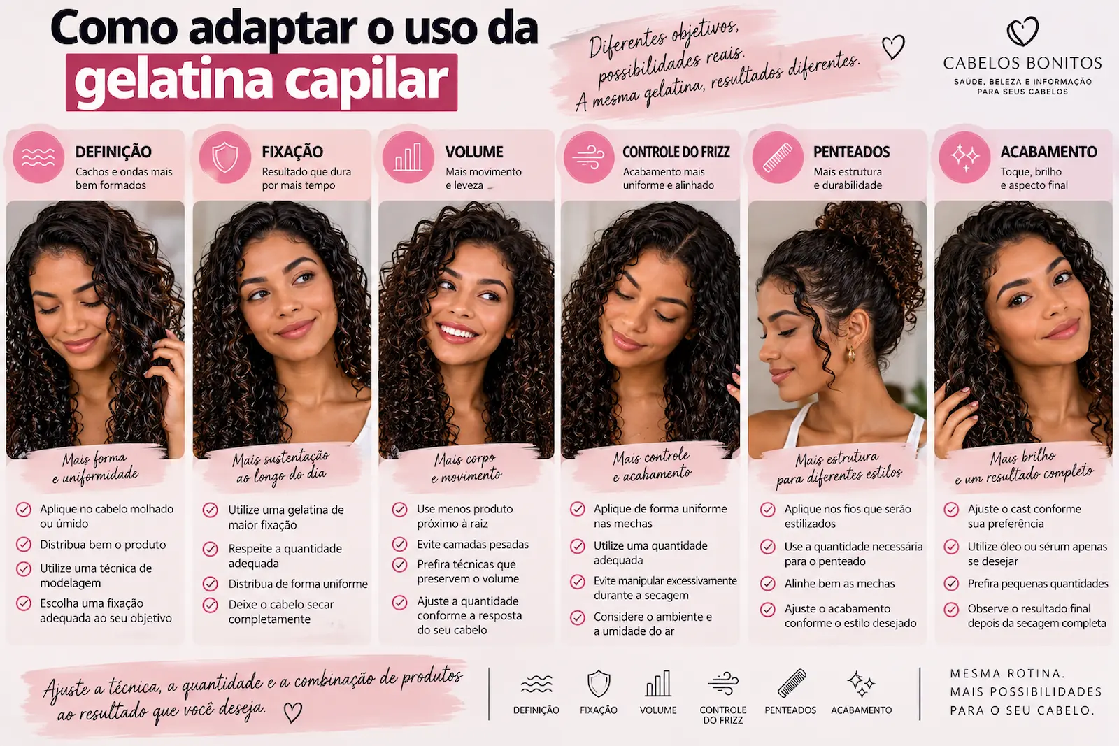 Como adaptar o uso da gelatina capilar para definição, fixação, volume, controle do frizz, penteados e acabamento