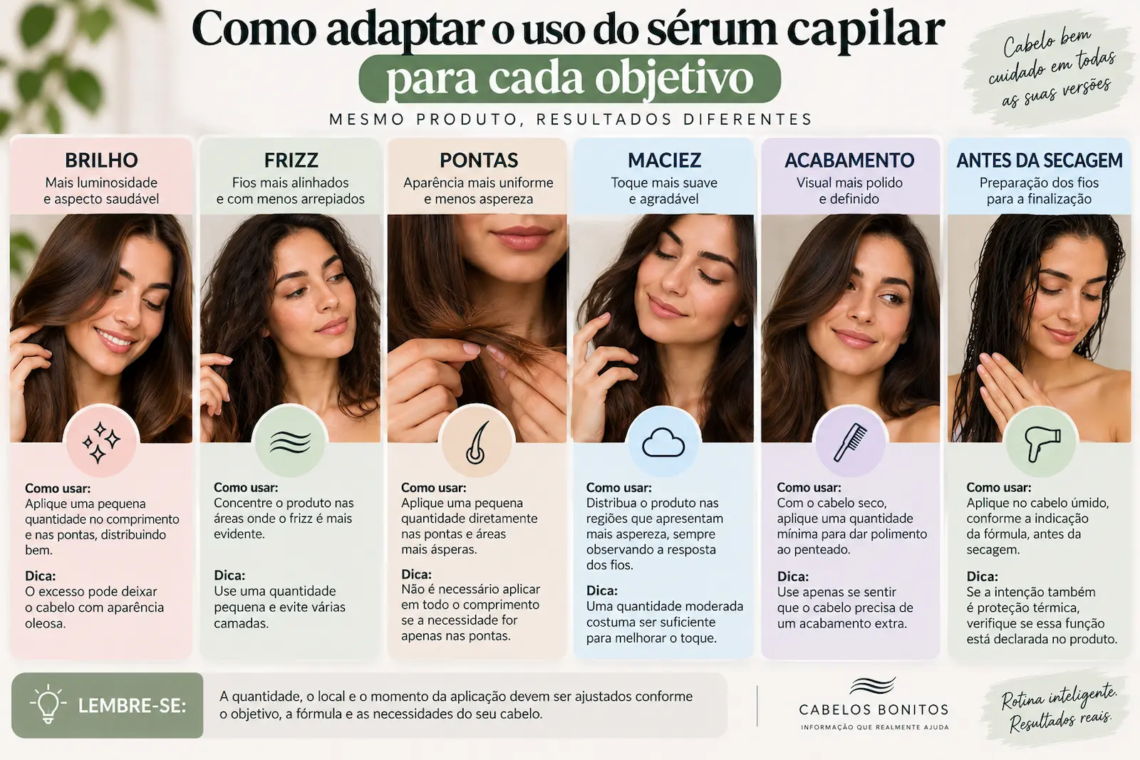 Como adaptar o uso do sérum capilar para brilho, frizz, pontas, maciez, acabamento e uso antes da secagem