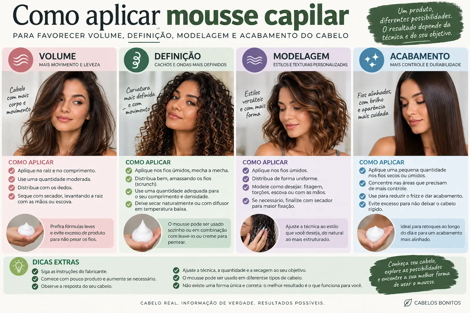 Como aplicar mousse capilar para favorecer volume, definição, modelagem e acabamento do cabelo